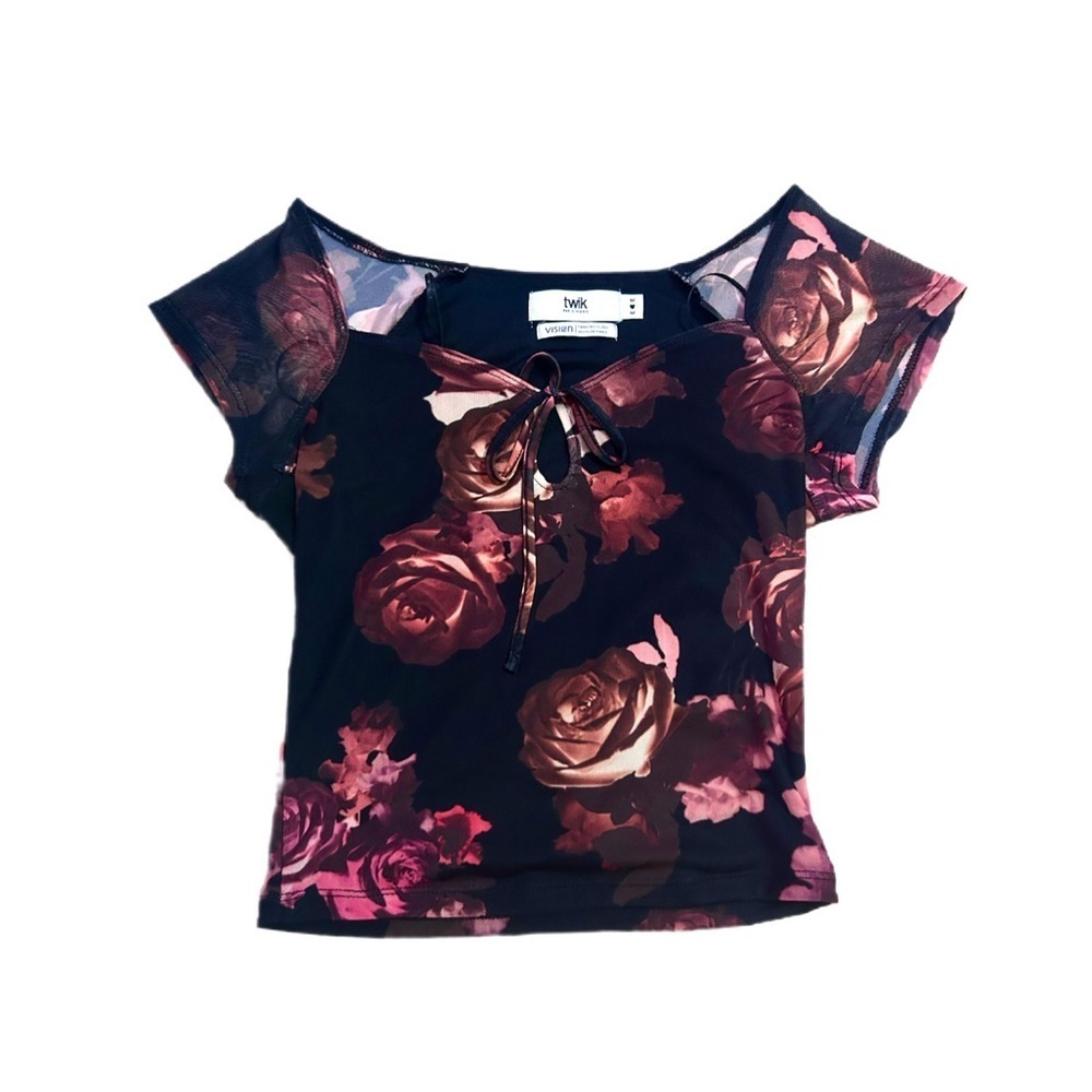 Whimsigoth Twik Black and Pink romantic Floral Mesh sleeves Tie Up Crop Top - Picture 3 of 8
